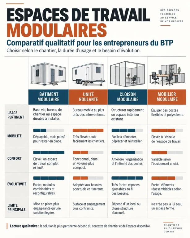 Infographie pour optimiser les espaces de travail modulaires pour les entrepreneurs du BTP selon quatre solutions